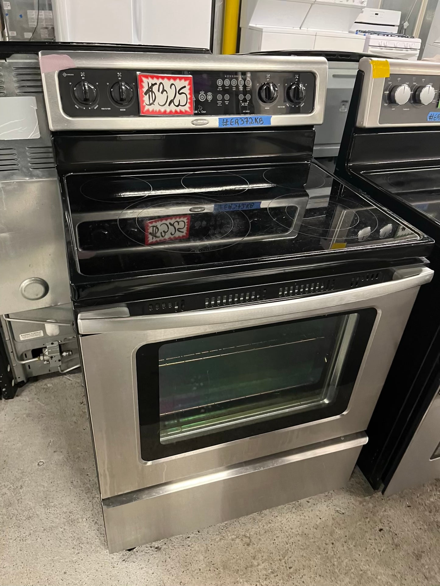 - Whirlpool glass top electric range 220v 5 burner warm zone convection bake broil steam clean Refurbished stainless steel 30" #ER372KB