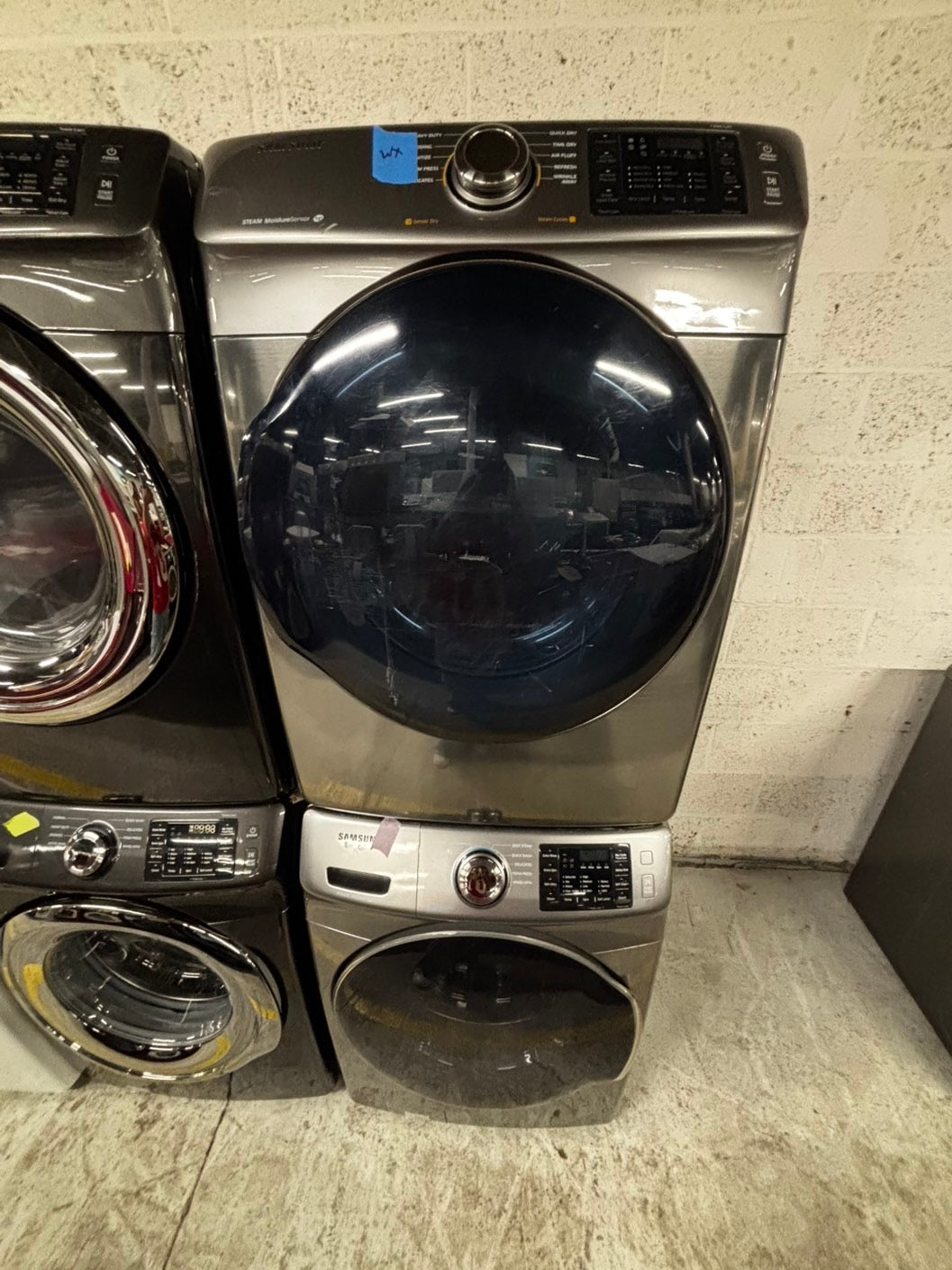 Samsung steam washer 4.5 cu ft & steam dryer 7.5 cu ft set electric 220v front load stackable or side by side -sensor dry He in silver #WD9123JB