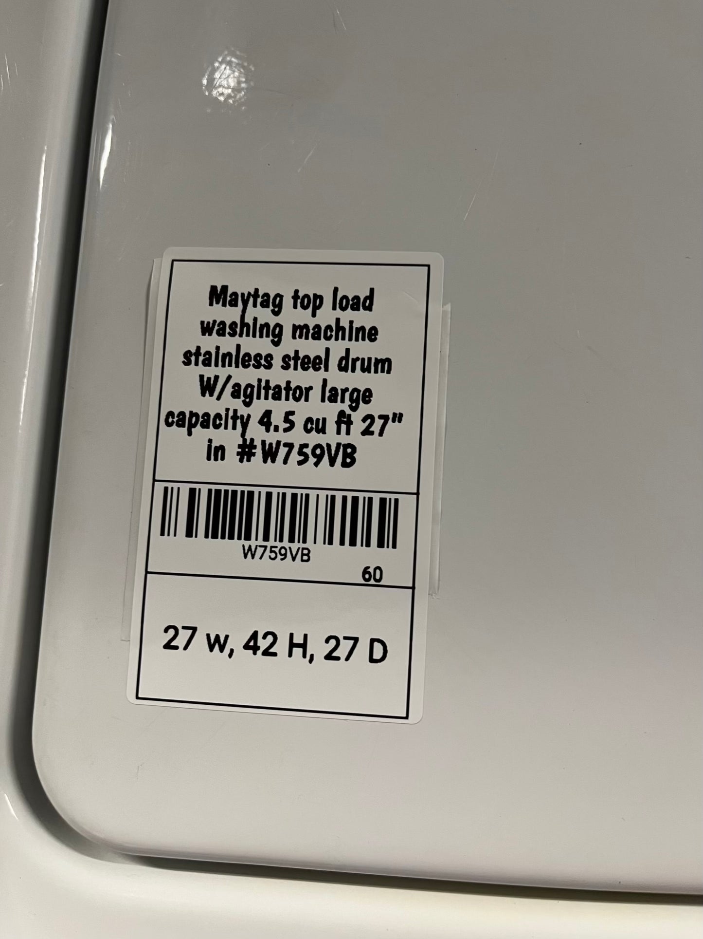 Maytag top load washing machine stainless steel drum W/agitator large capacity 4.5 cu ft 27" in #W759VB