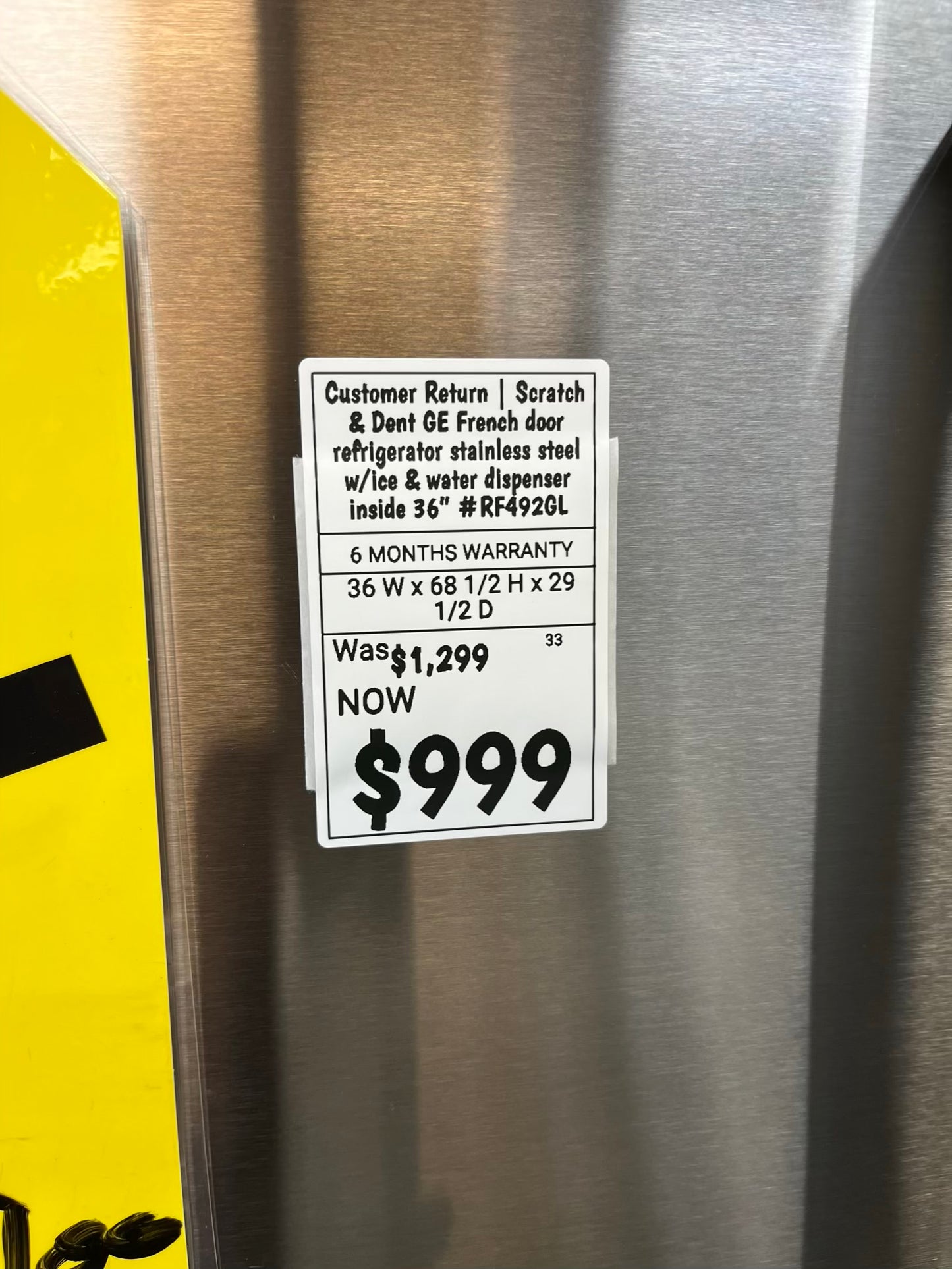 Customer Return | Scratch & Dent GE French door refrigerator stainless steel w/ice & water dispenser inside 36" #RF492GL