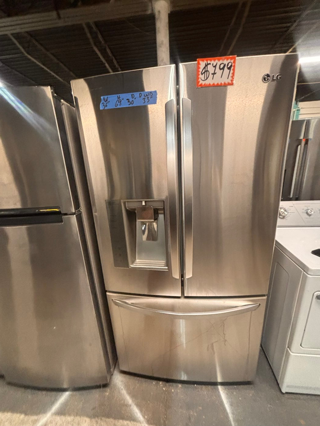 }LG used-Refurbished LG 36”w x69h x 30” depth refrigerator stainless steel w/ice & water dispenser  #FDLS3073B