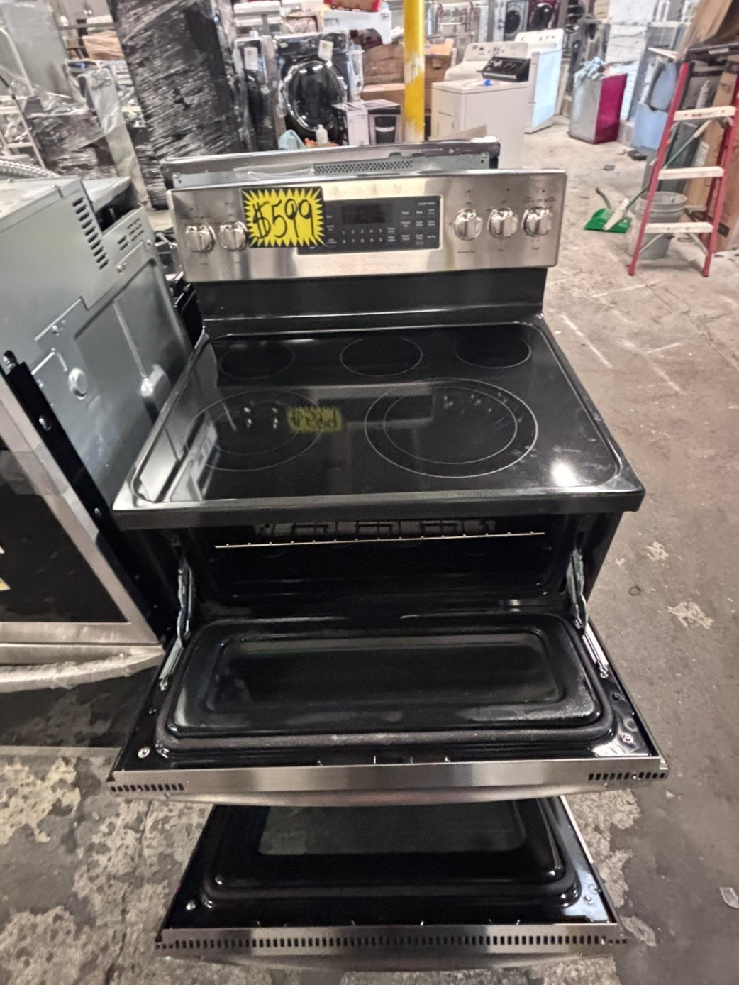 >*GE glass top double oven convection electric range 220v 5 burner stainless steel warm zone bake broil Refurbished fast boil 30" #GEGT16B