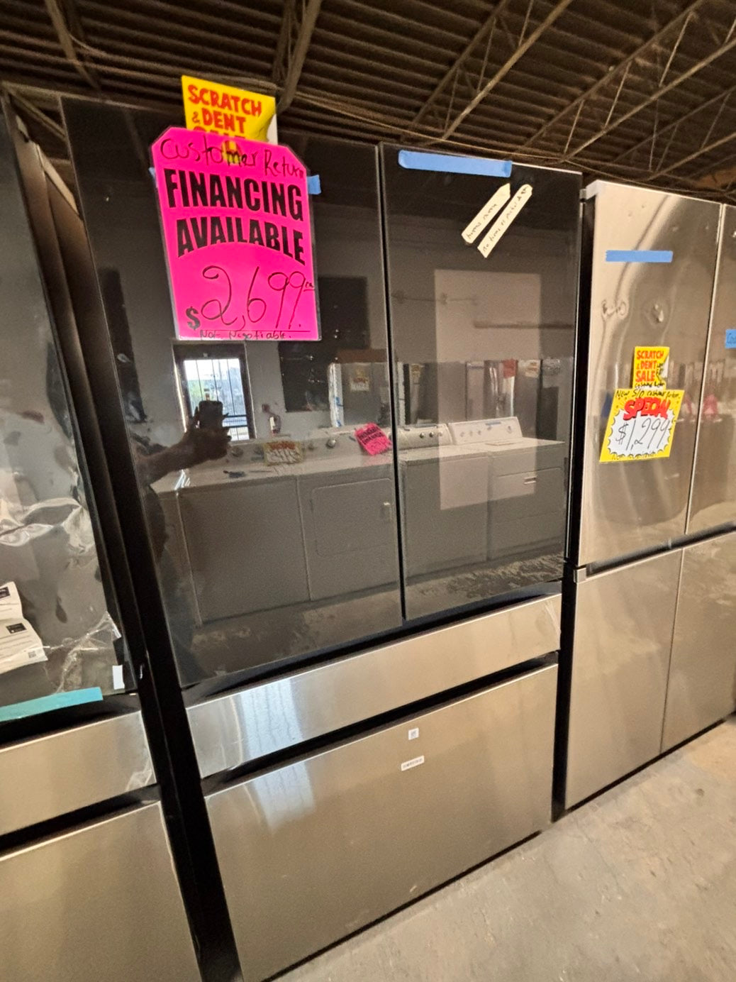 >new open box costumer return  Samsung Bespoke 23 cu. ft. Counter Depth 4-Door French Door Refrigerator in Stainless Steel with Family Hub in Charcoal Glass #RFFH1D41B