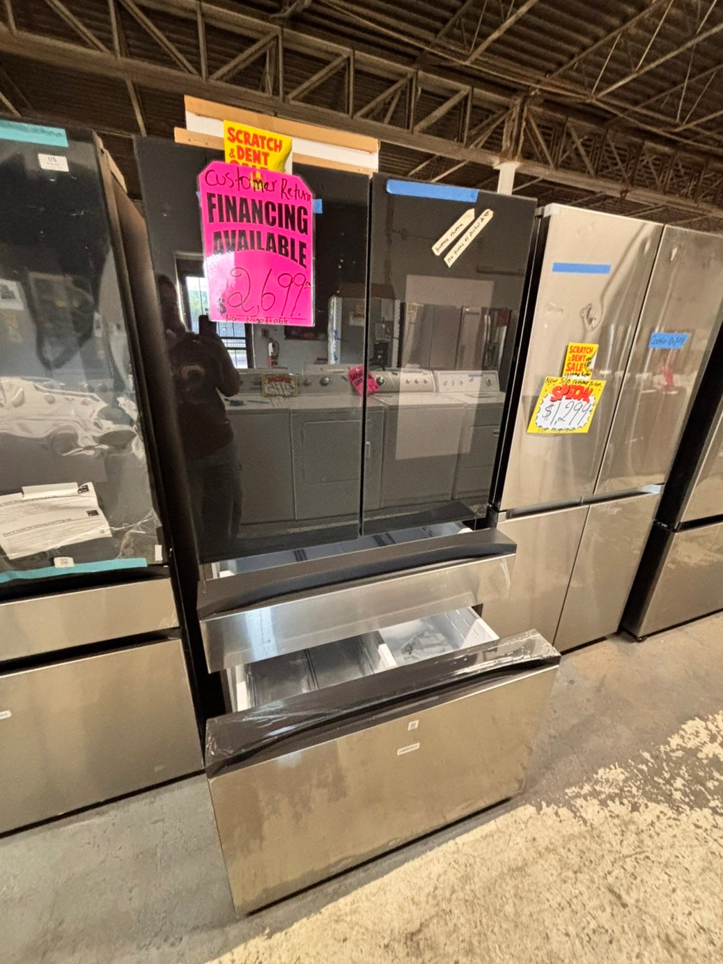 >new open box costumer return  Samsung Bespoke 23 cu. ft. Counter Depth 4-Door French Door Refrigerator in Stainless Steel with Family Hub in Charcoal Glass #RFFH1D41B