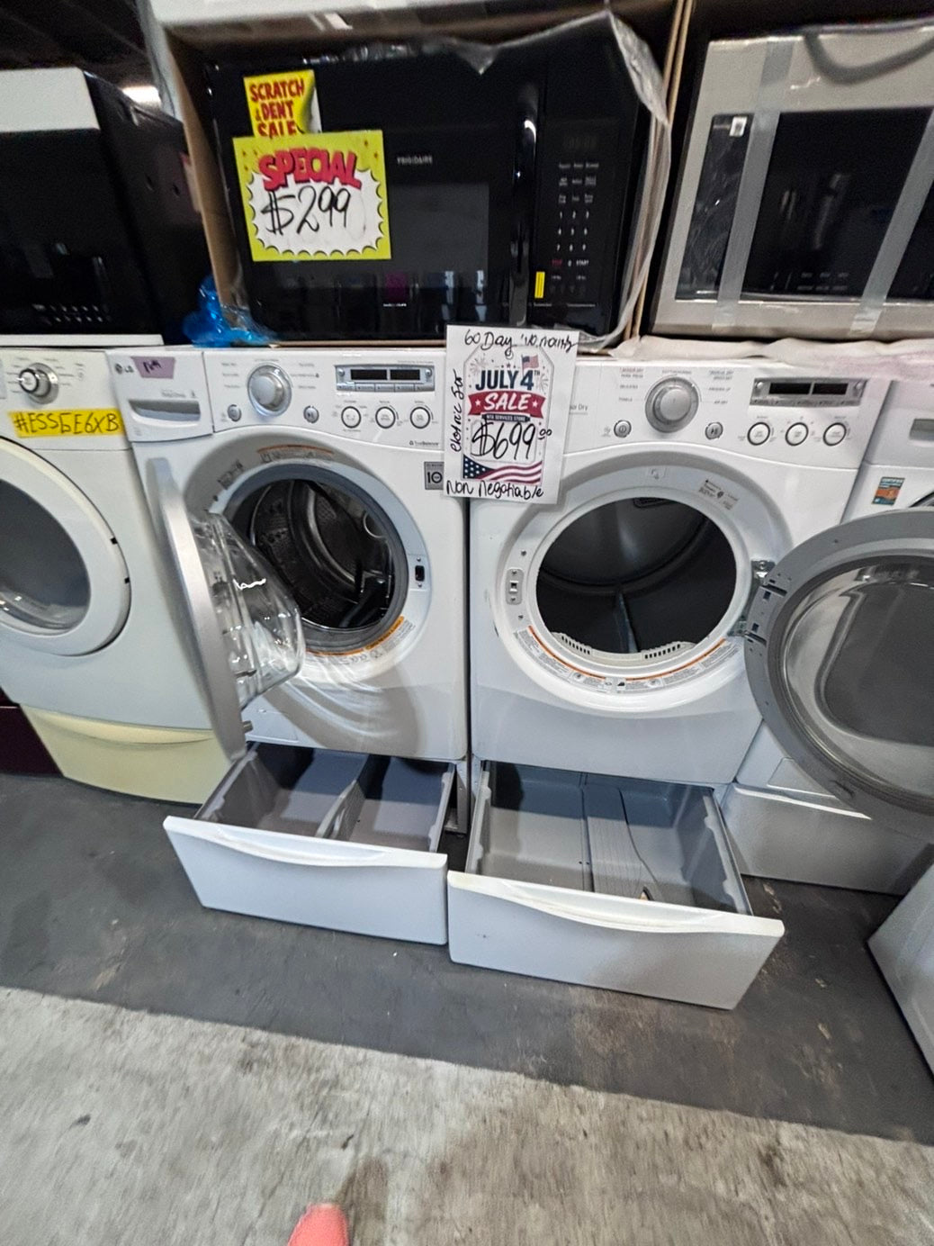 >*used- refurbished LG front load washer & dryer set  electric 220v large  capacity with pedestals in red color 27” #SFL55V7B