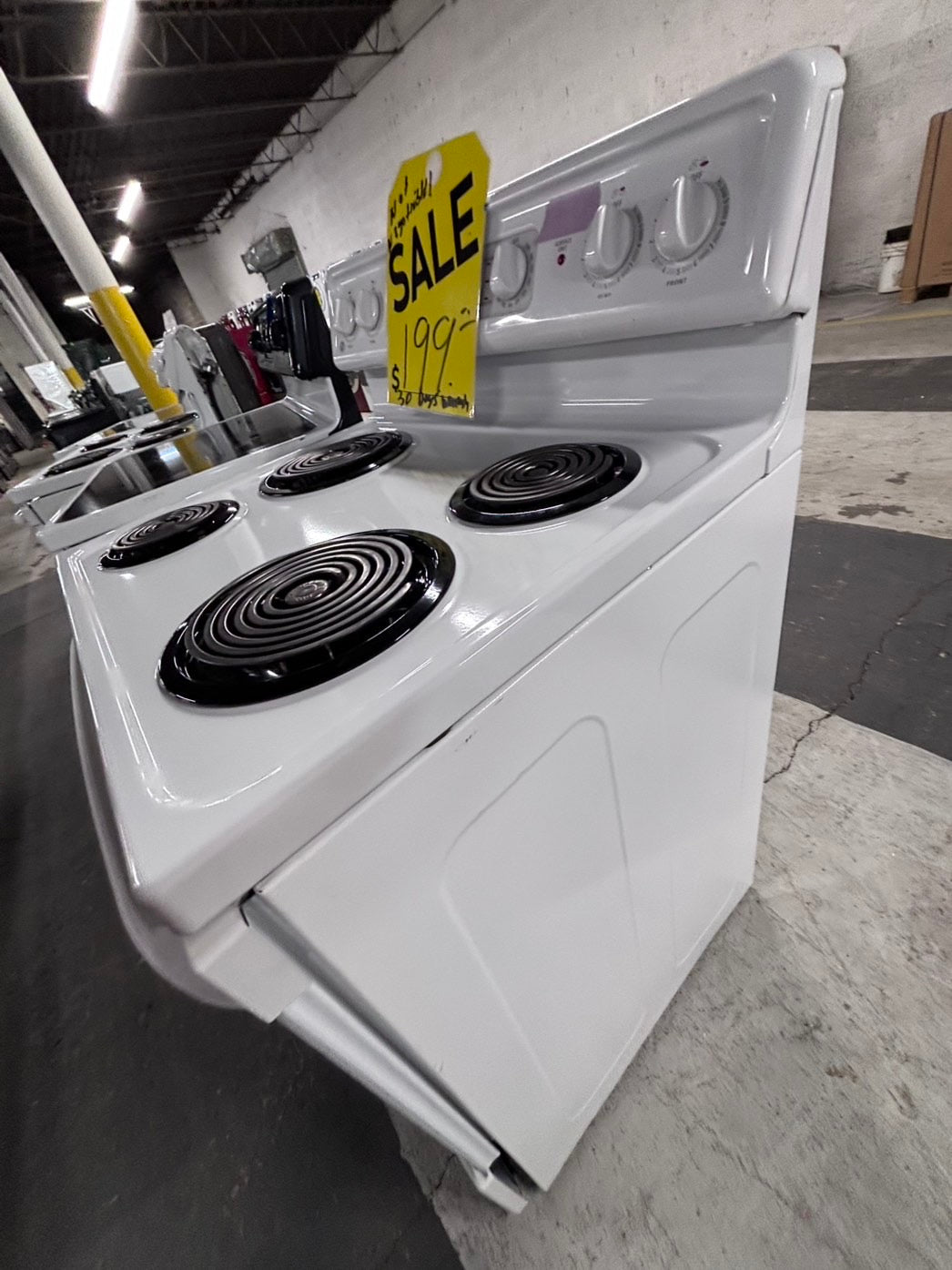 >GE Glass Top electric stove off white bake broil 4 burner warn zone Refurbished#ELR5TB