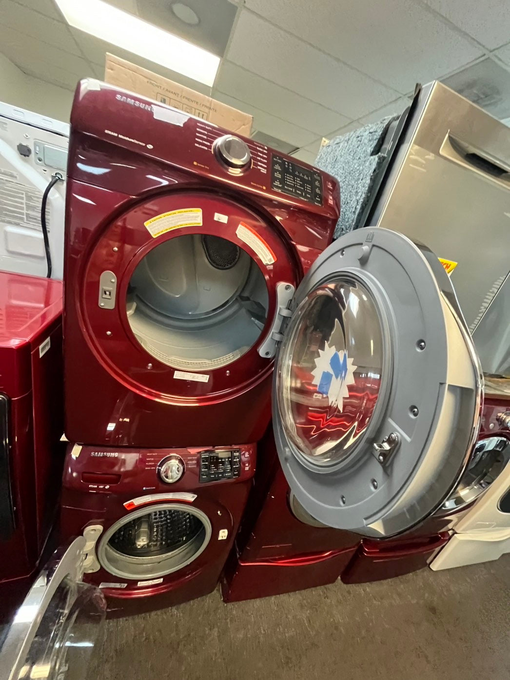 =•steam ENERGY STAR Samsung washer 4.5 cu ft & dryer 7.5 cu ft set electric steam 220v front load stackable or side by side - sensor dry ,burgundy color #BGCBAL3SET