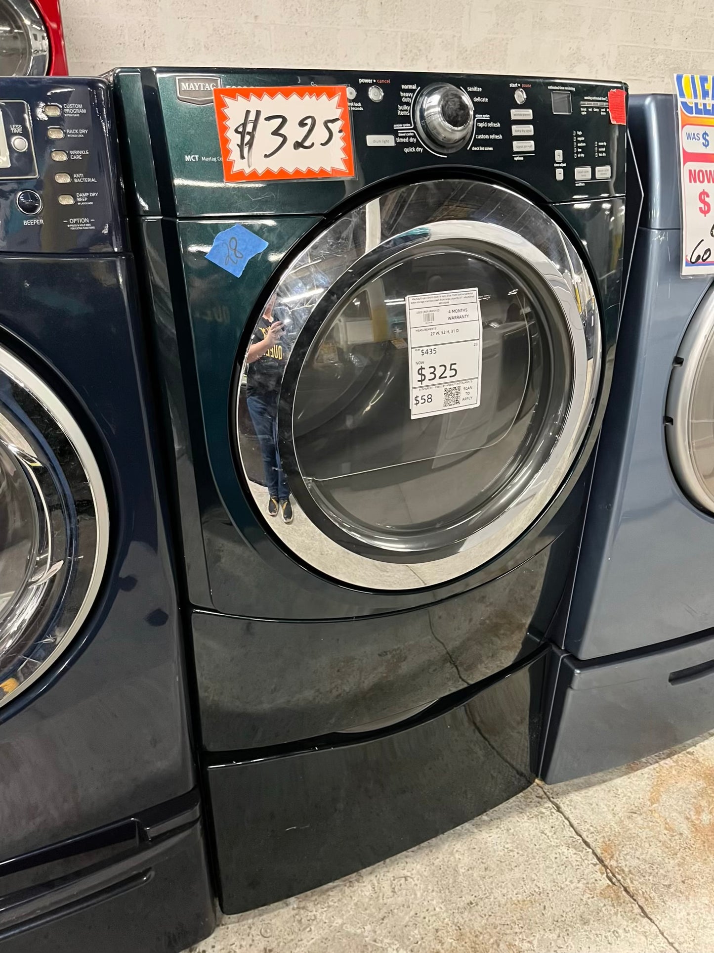 Clearance 🔥🎈Maytag Dryer electric 220v in dark green front load w/pedestal extra storage stainless steel drum large capacity 27" refurbished #ED346HB