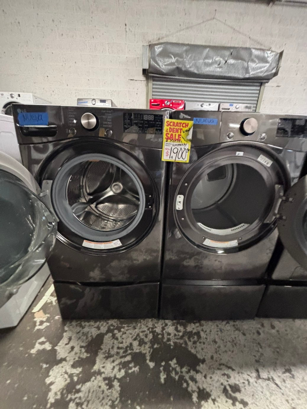 >>New open box 📦 LG steam  front load washer & dryer electric set with pedestal storage 27” #WD74007B