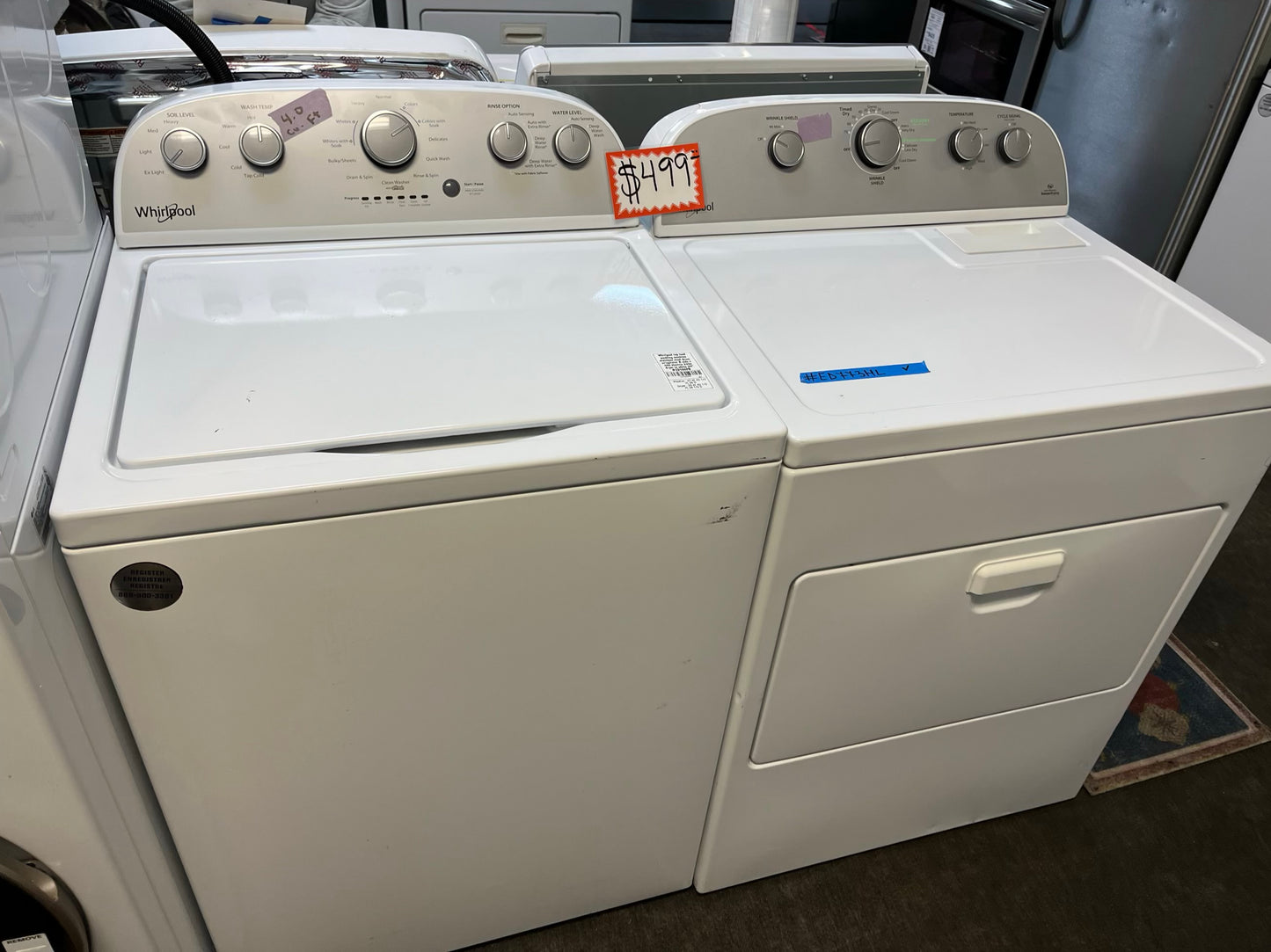 - Whirlpool top load washing machine 4.0 cu ft stainless steel drum w/agitator & side x side electric 220v dryer in white 29" #ED500PB-TR