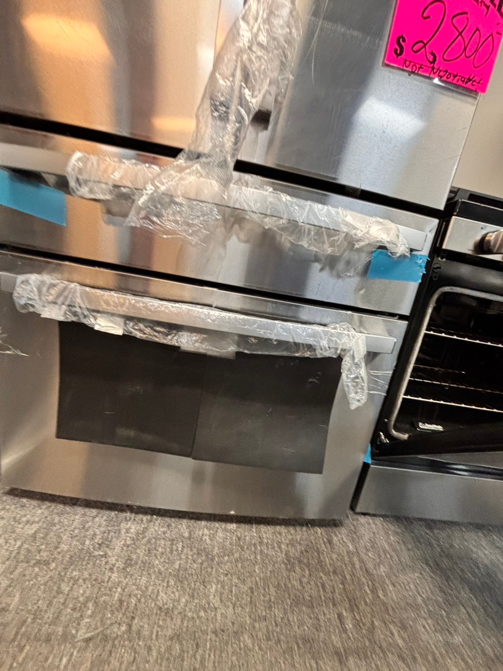 >Special 🎈3pc. Combo new open box  -french door 4-doors refrigerator GE 36” w/ice maker & water dispenser inside ,costumer return gas range five burners Airfry  & new open box over the range microwave GE #RFGAX3PC