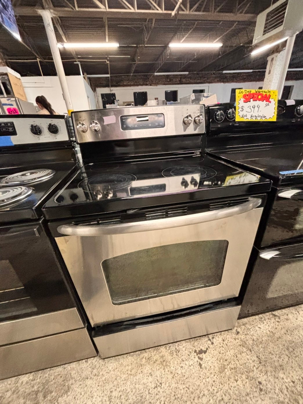 >🎈SALE🔥GE Glass Top electric stove  bake /broil,Self clean 30” 4 burner ,stainless steel color,     used-Refurbished   #EEFZA9B