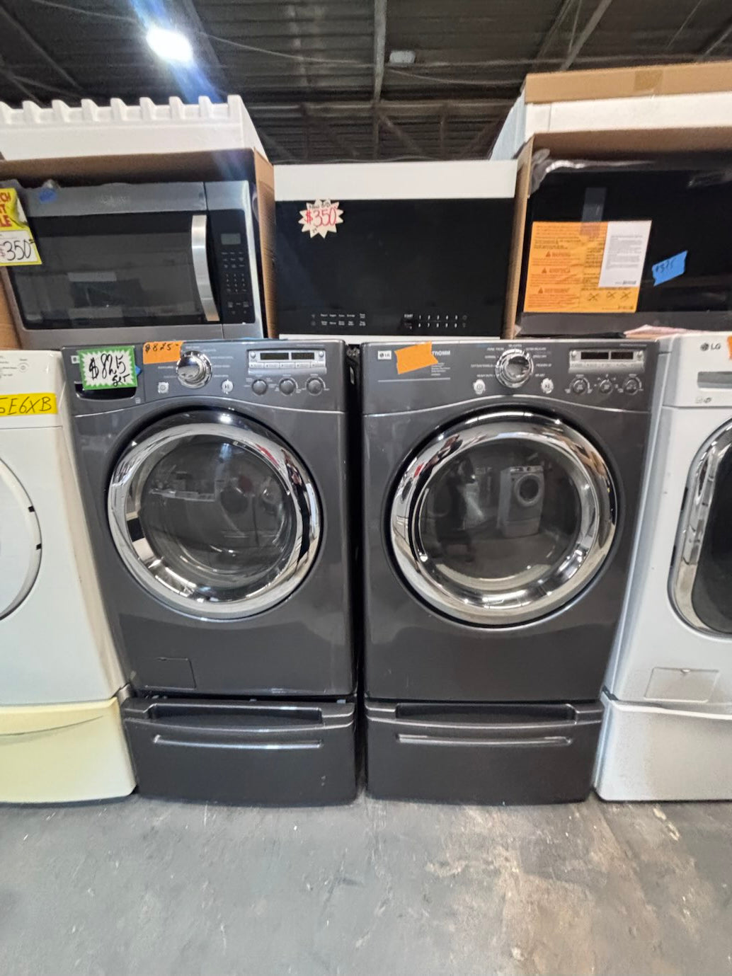 }LG used- refurbished front load electric 220v dryer & washer large  capacity with pedestals in gray color 27” #FLSGTV7B