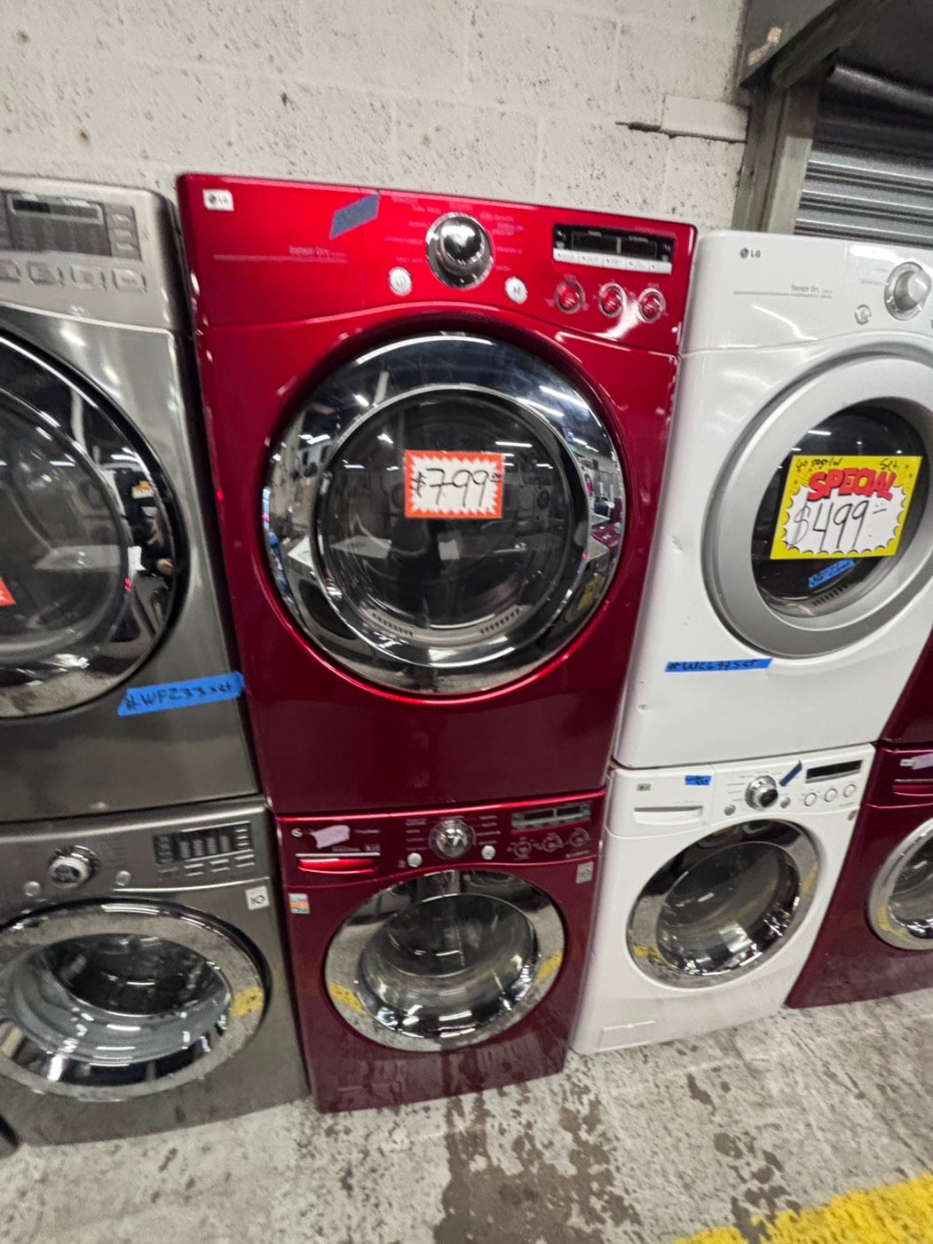>LG washer 4.0cu ft & dryer 7.5 steam set electric 220v front load stackable or side by side - sensor dry in red  #WEG74BR