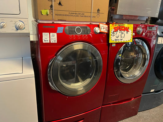 Samsung electric 220v dryer & LG washer used mix & match  set front load w/pedestal extra storage in red 27" in  ITEM #ED955YL Refurbished