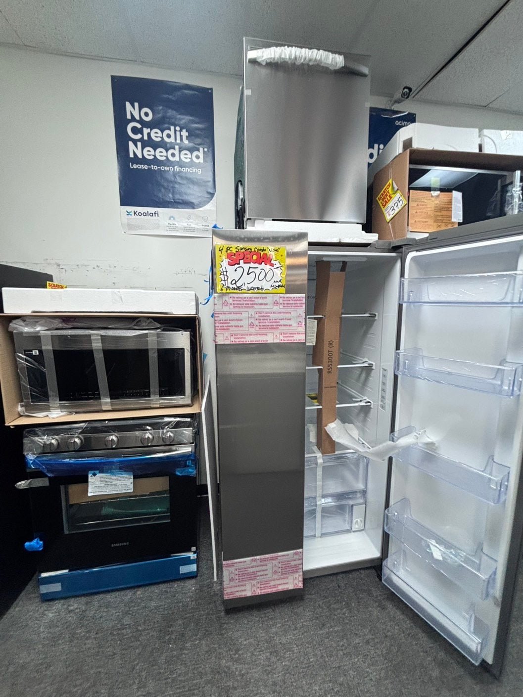 >🥳📣special combo 3pc. Open box 📦 New S/d samsung 36” side by side Door fridge, gas stove 30” in & Microwave oven the range stainless steel all same brand        #RFM3SDL