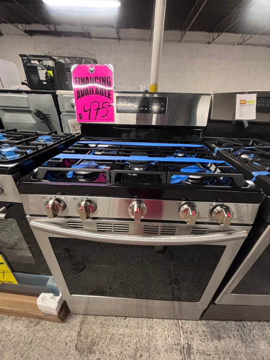 >Samsung Convection oven gas stove 5 burner bake broil i/lo in black & silver -used-Refurbished 30” #GRP55B