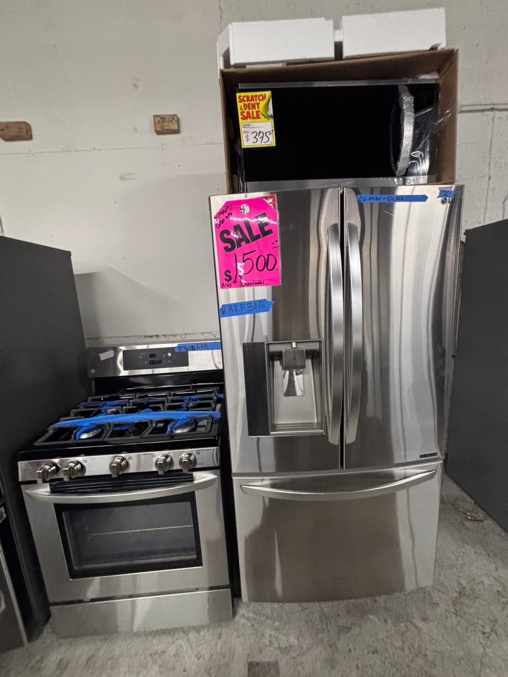 >special 3pc. Combo =LG French door Refrigerator counter depth  w/ ice water dispenser 36",gas stove 5 burners & new the range microwave all same brand  #ARF31B3PC