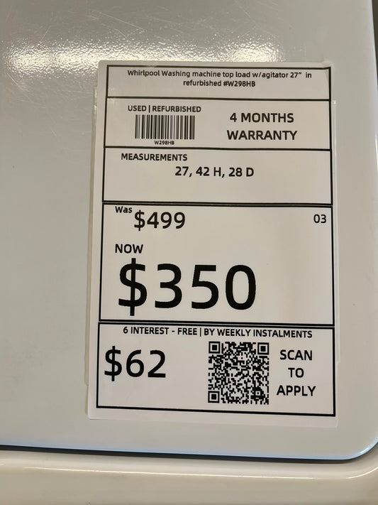 Whirlpool Washing machine top load w/agitator 27" in refurbished #W298HB