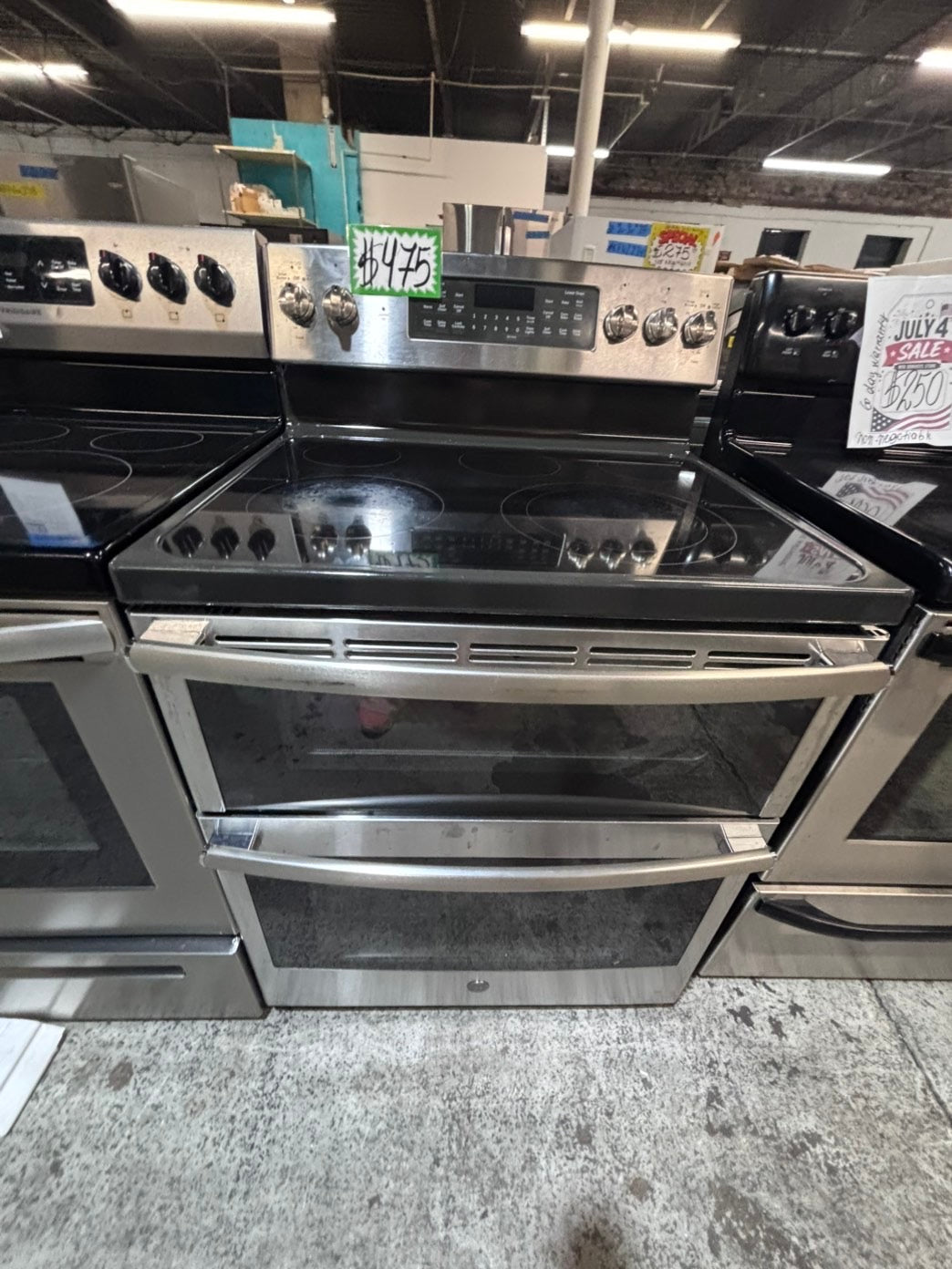 >*GE glass top double oven convection electric range 220v 5 burner stainless steel warm zone bake broil Refurbished fast boil 30" #ELPT16B