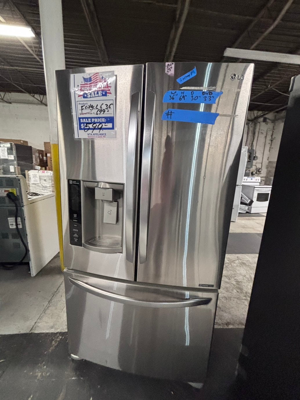 >special 🔥Used good  condition used-Refurbished LG 36”x69h x 291/2 depth  refrigerator stainless steel w/ice & water dispenser 36 “ #RFLG44CB