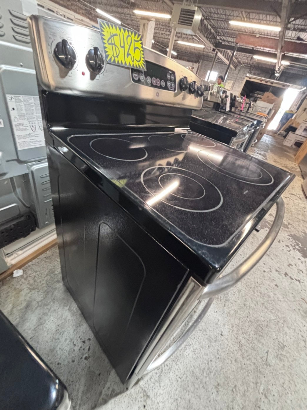 >*GE  electric 220v glass top range 4 burner  bake Broil roast self clean stainless steel 30" Refurbished #EZ77S3B