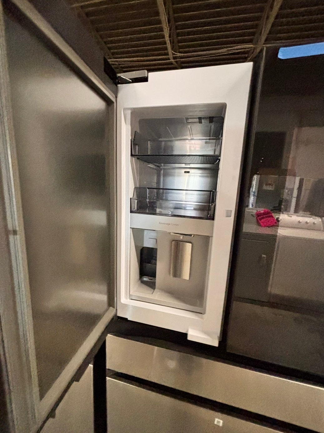 >new open box costumer return  Samsung Bespoke 23 cu. ft. Counter Depth 4-Door French Door Refrigerator in Stainless Steel with Family Hub in Charcoal Glass #RFFH1D41B