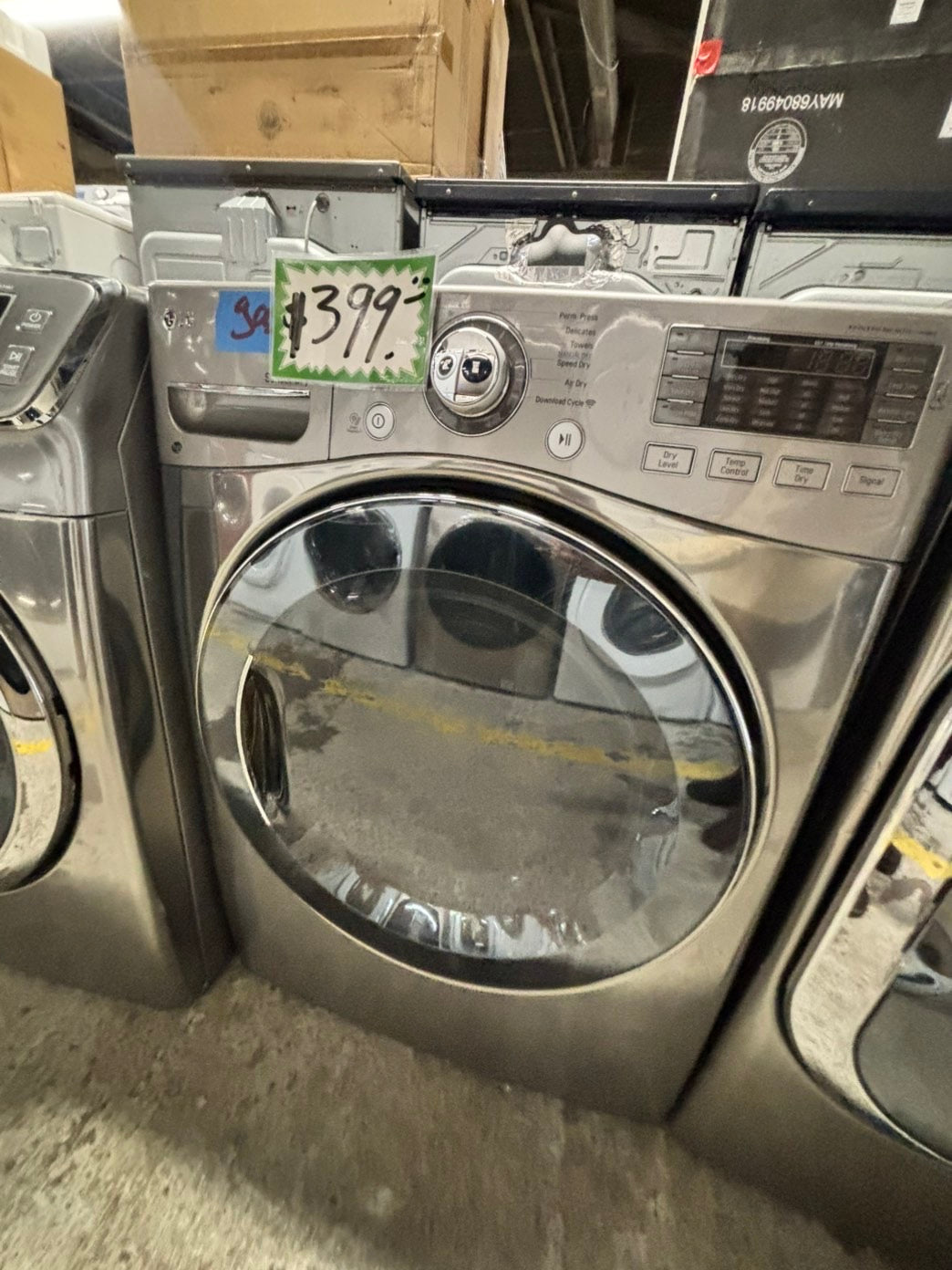 -LG steam front load stackable GAS dryer stainless steel drum in gray color 27" #ED413GB