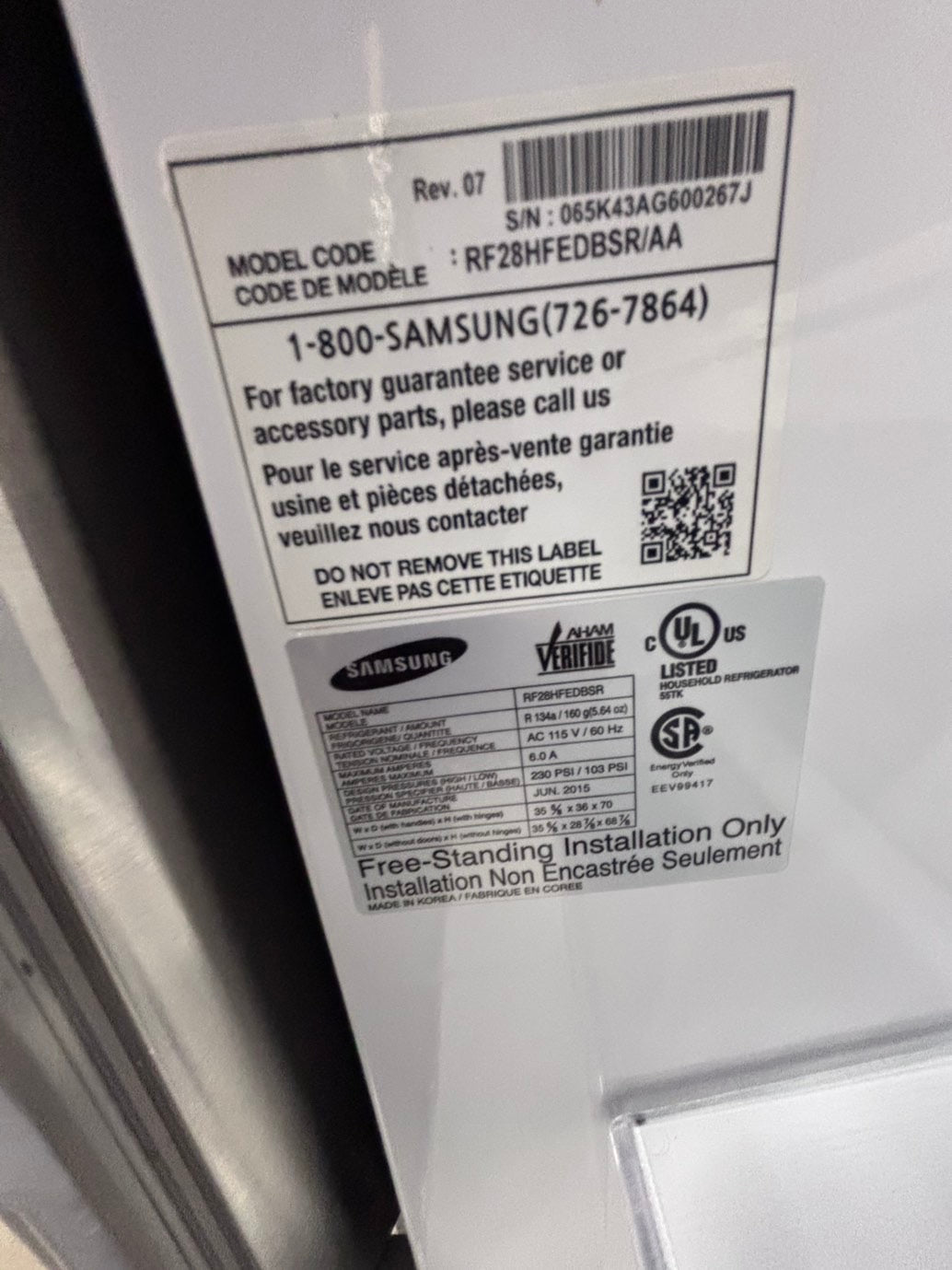 >* used-Refurbished samsung 36”w x69h x 29 depth refrigerator stainless steel w/ice & water dispenser 36 “ #FDSS73B