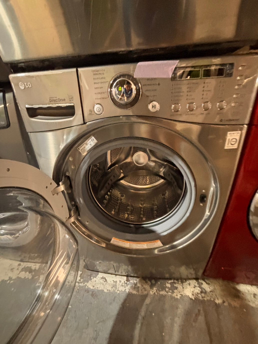>*Used-great conditions refurbished LG steam washer 4.5cu ft & electric steam dryer 7.5 cu ft large capacity set electric 220v front load stackable or side by side - sensor dry He in silver-gray  #W995SET