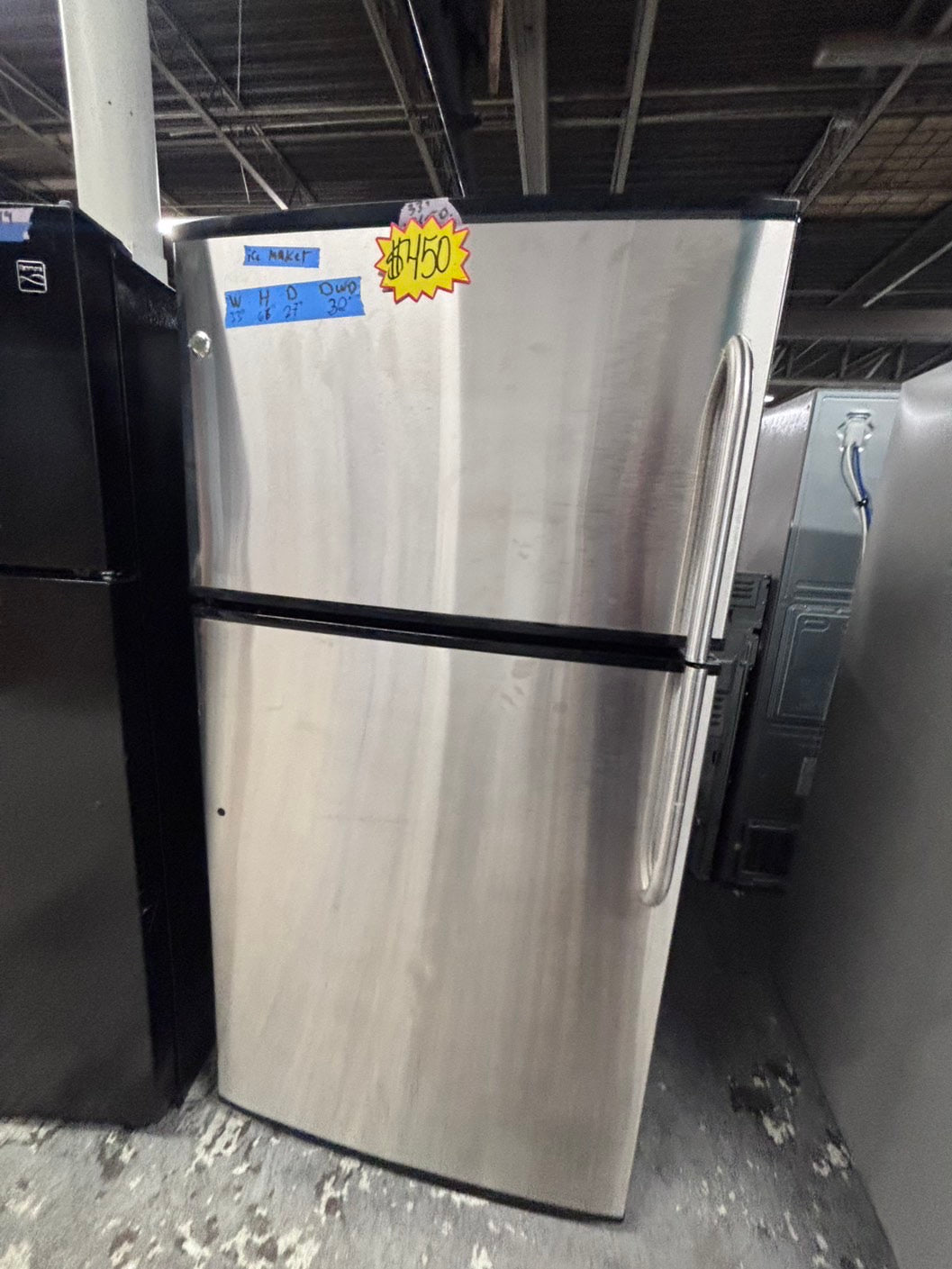 >*GE 33”x 66h Top freezer fridge, stainless steel with ice maker inside used-refurbished #RRFG641B