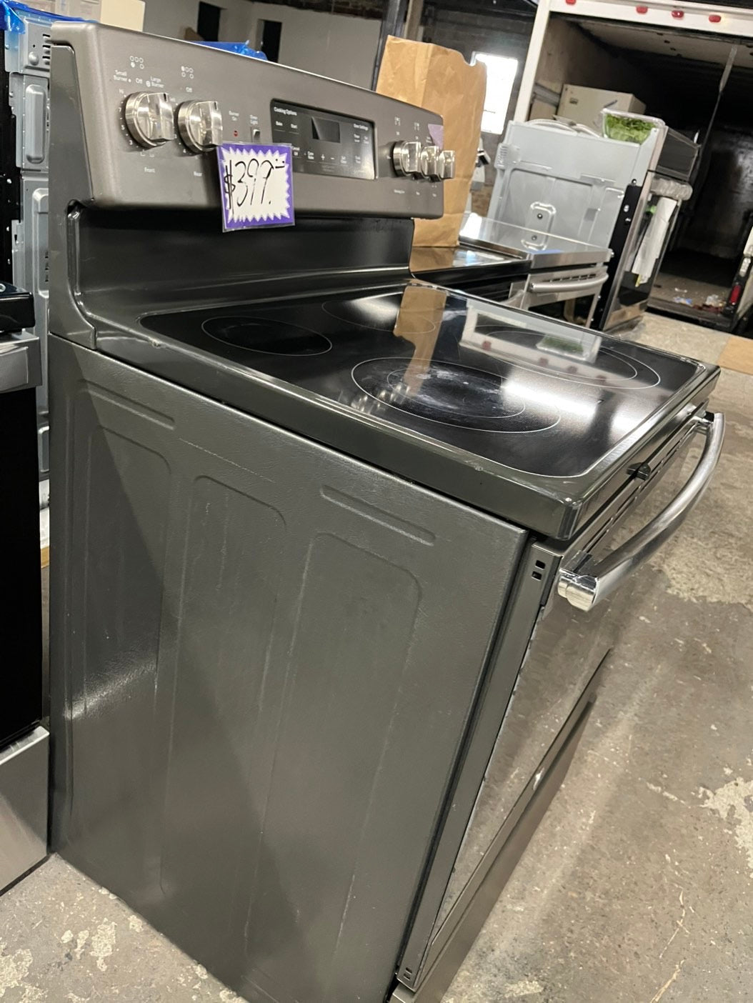 -GE glass top electric range 220V  5  burner warm zone convection bake broil power boil self clean Refurbished Slate 30" #ERS89B