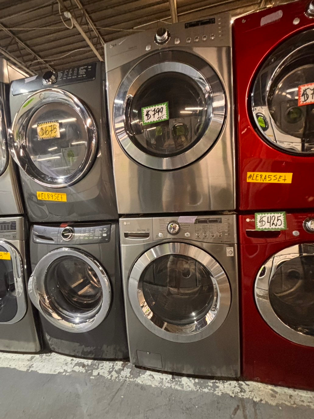 >*Used-great conditions refurbished LG steam washer 4.5cu ft & electric steam dryer 7.5 cu ft large capacity set electric 220v front load stackable or side by side - sensor dry He in silver-gray  #W995SET