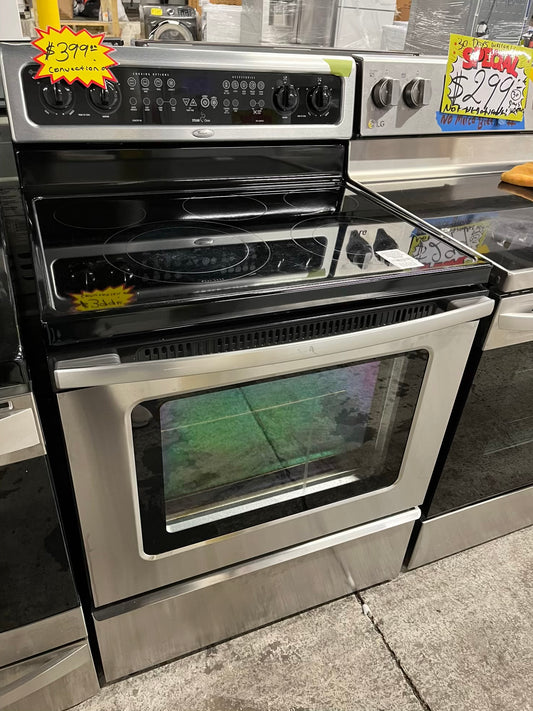 Whirlpool Glass top electric 220v range 5 burner warm zone convection bake broil steam clean stainless steel 30" Refurbished #ER748KB