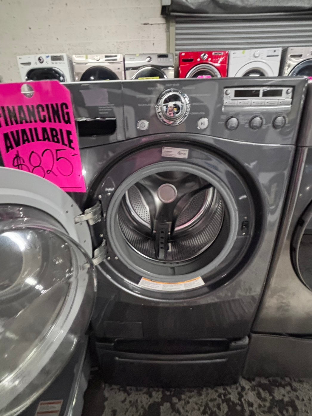 >used- refurbished LG front load washer & dryer set electric 220v large capacity with pedestals in gray stainless steel 27” #ELPV65B