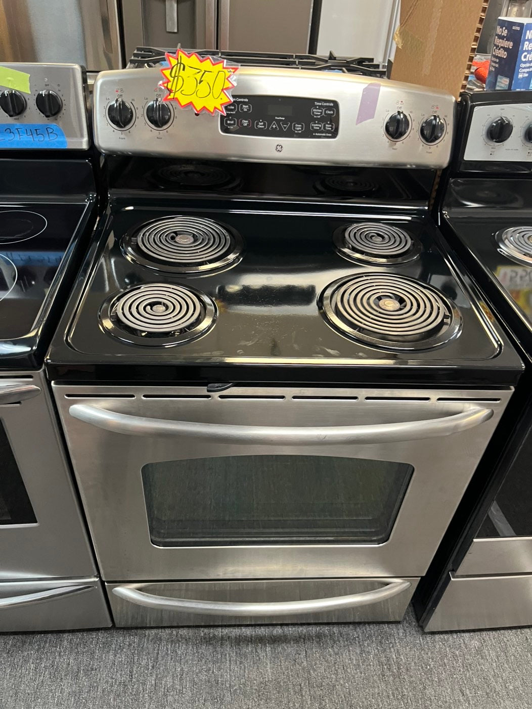 =GE Coil Top electric stove white bake broil 4 burner Self clean 30” stainless steel used-Refurbished #ELGE28NL