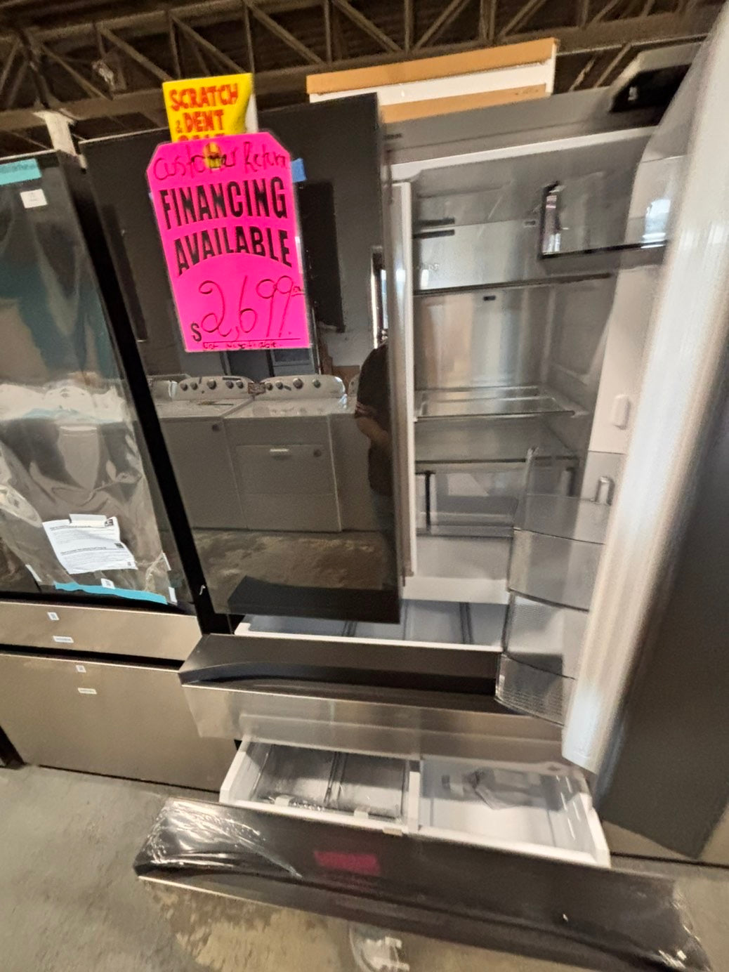 >new open box costumer return  Samsung Bespoke 23 cu. ft. Counter Depth 4-Door French Door Refrigerator in Stainless Steel with Family Hub in Charcoal Glass #RFFH1D41B