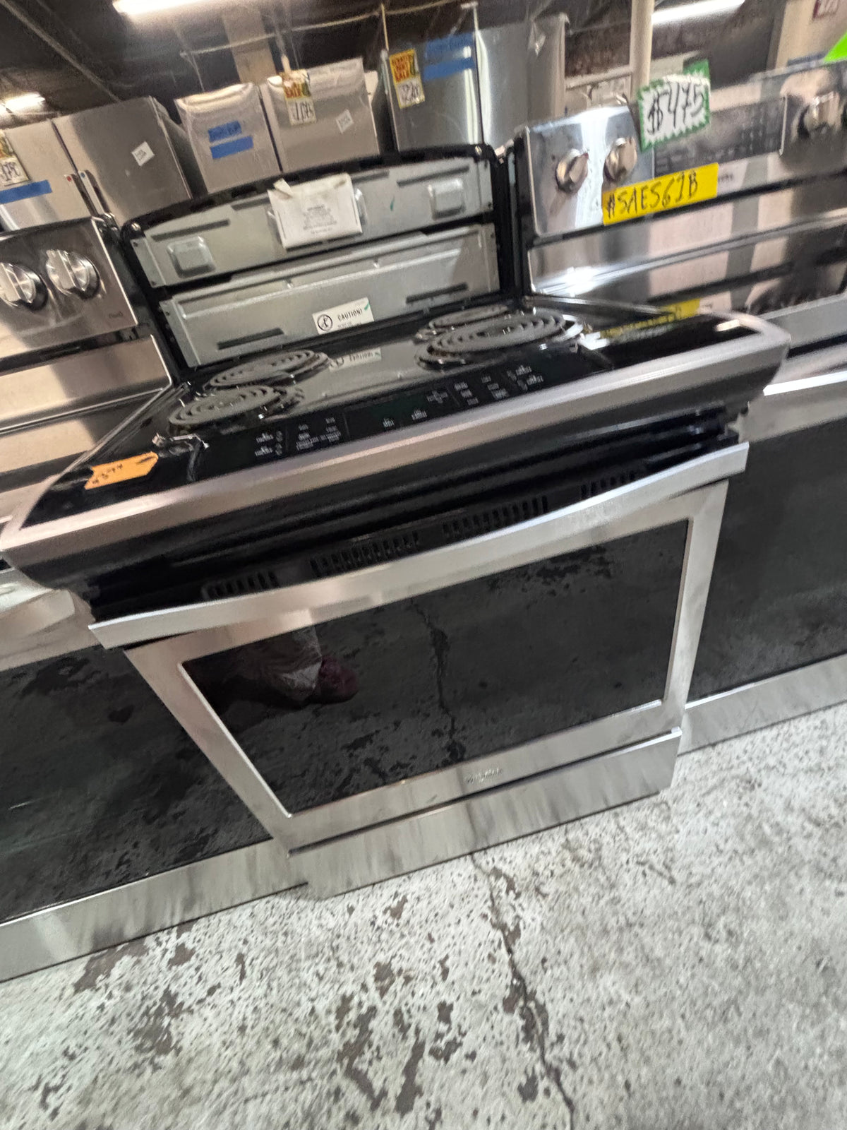 }Whirlpool slide-in coil top electric 220v range 5 burner warm zone bake broil self clean in stainless steel 30" used-Refurbished #WE1R27B