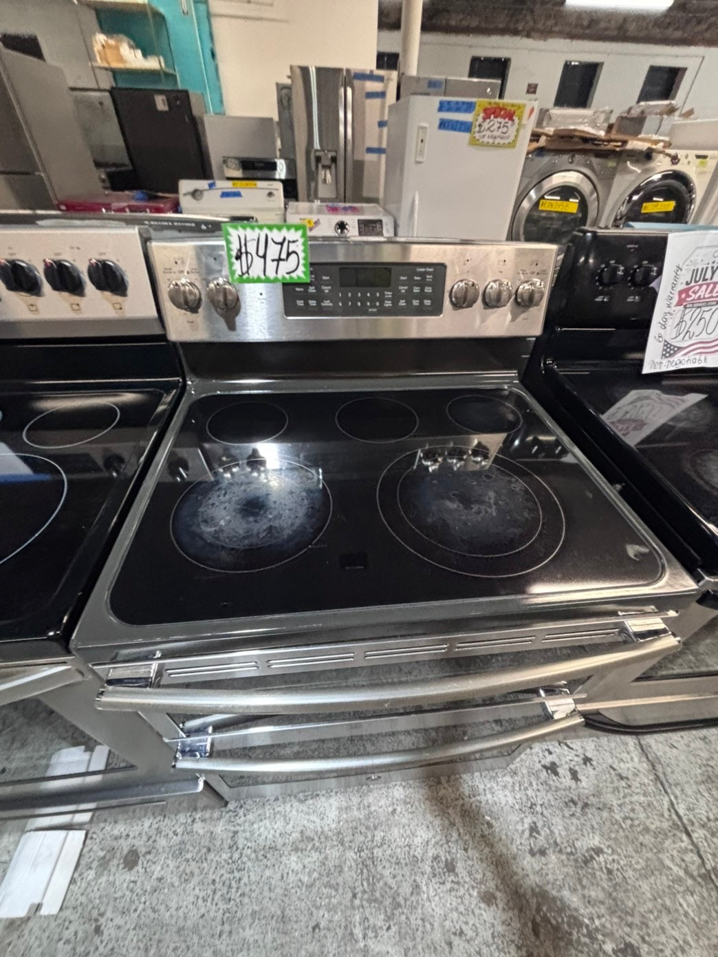>*GE glass top double oven convection electric range 220v 5 burner stainless steel warm zone bake broil Refurbished fast boil 30" #ELPT16B