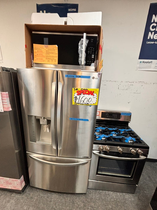 >Special 🎈LG 3pc. Combo Refurbished 22cu.ft -LG counter depth french door refrigerator w/ice water dispenser 36",gas range five burners& new open box over the range microwave all same brand used-refurbished  #RTA24BCOMBO