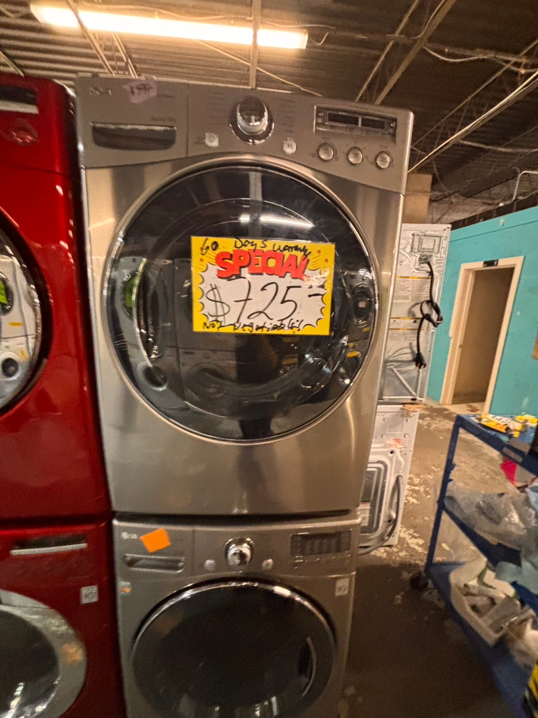 >*special🌟🔥 Used-great conditions refurbished LG steam washer 4.5cu ft & electric steam dryer 7.5 cu ft large capacity set electric 220v front load stackable or side by side - sensor dry He in silver-gray   #WDLGP1SET