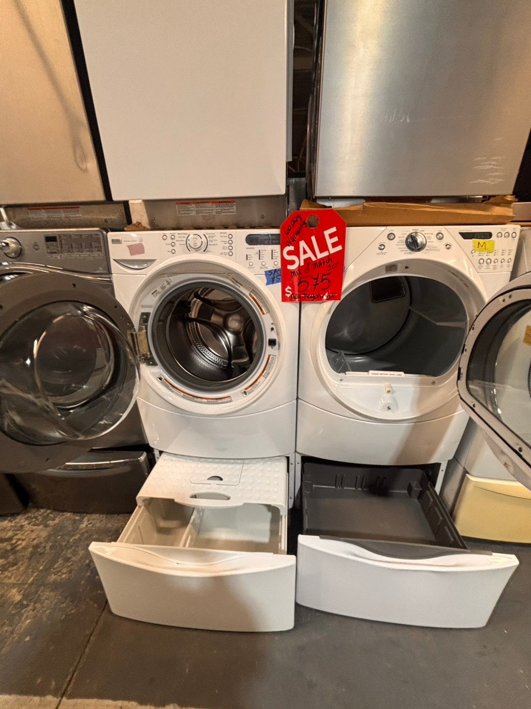 >*SALE🔥used- refurbished Kenmore washer & whirlpool dryer mix & match front load electric 220v large  capacity with pedestals in white  color 27” #ES8KV7B