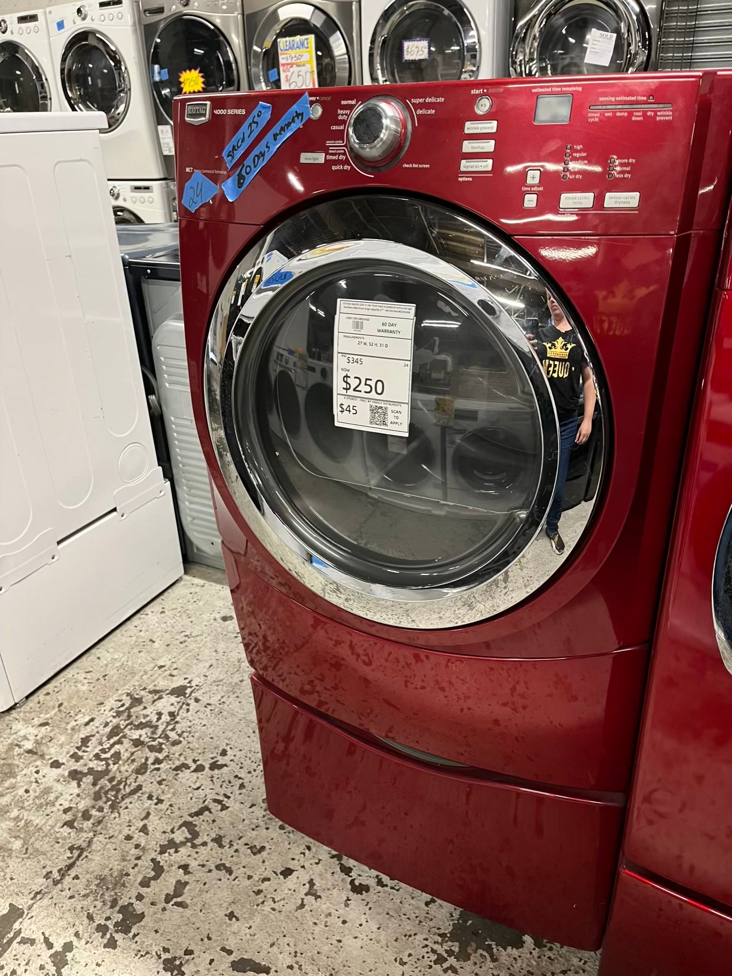 Maytag Dryer electric 220v in red front load w/pedestal extra storage stainless steel drum large capacity 27" refurbished #ED342AB