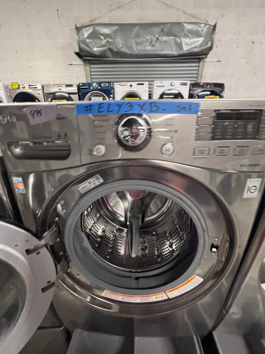 >used- refurbished LG front load washer & dryer set electric 220v large capacity with pedestals in stainless steel 27” #ELY3X45B