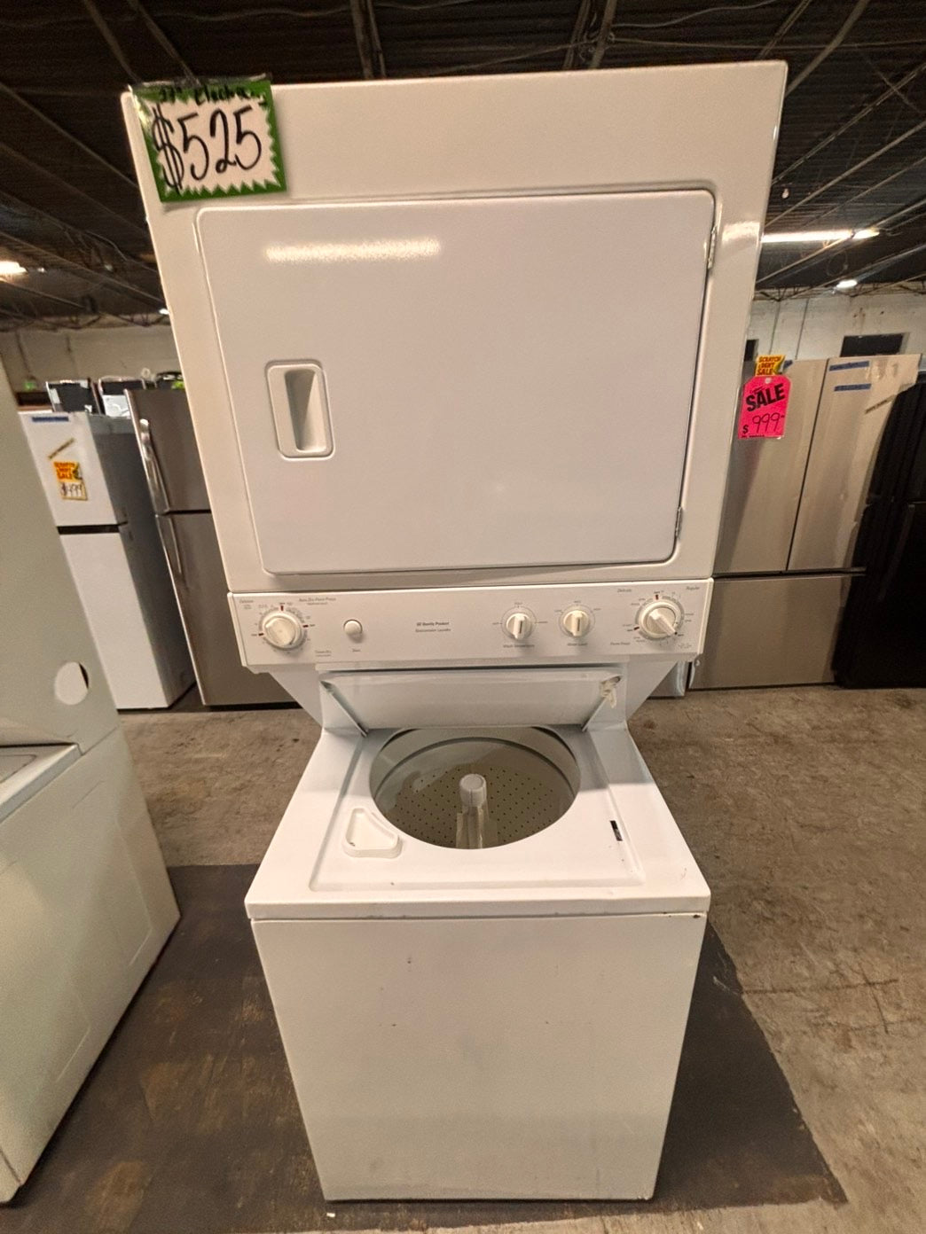 >*used-  refurbished GE stacked laundry center Electric 220v washer & dryer unit in white 27" #LC27FQ2B