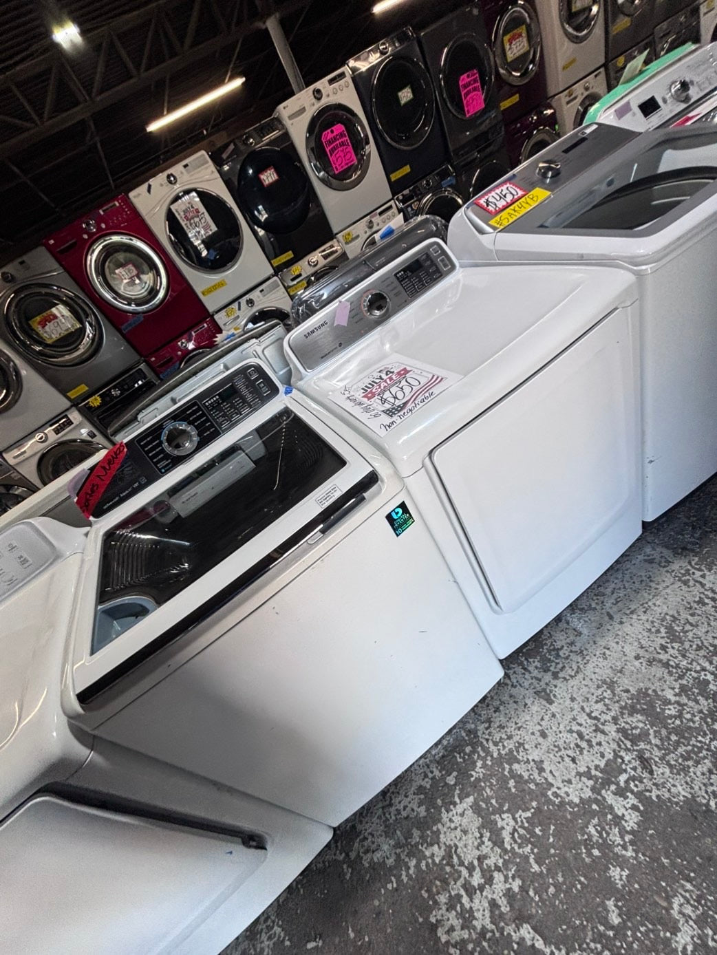 >*samsung white  top top load washer large capacity & dryer set electric 220v side x side top load stainless steel drum white color used-refurbished #W5AABB