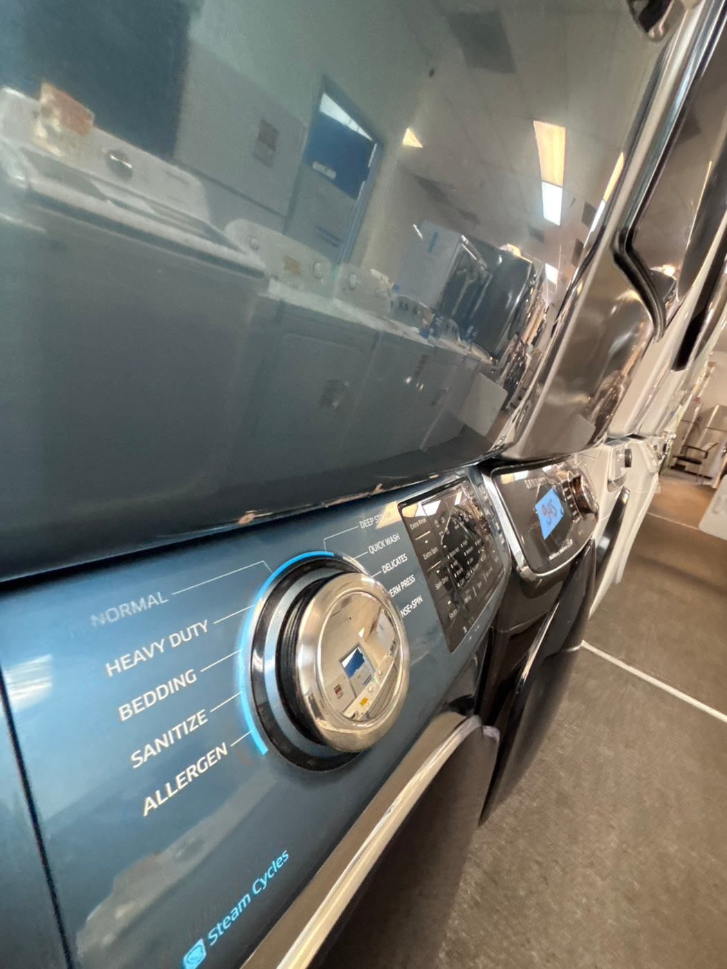 >special price 🔥Samsung washer 4.5 cu ft & dryer 7.5 cu ft set electric 220v front load stackable or side by side - sensor dry He in sky blue color  #WDS411L