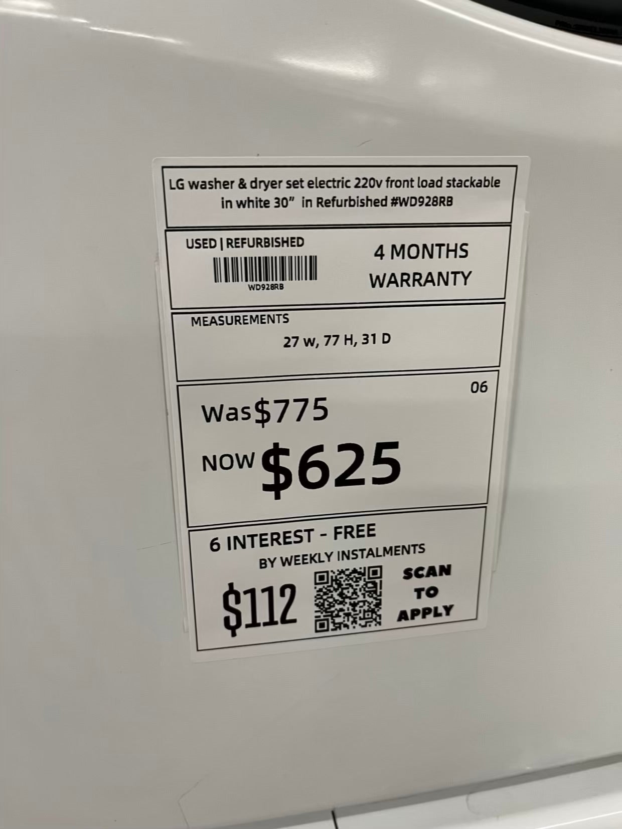 LG washer & dryer set electric 220v front load stackable in white 30" in Refurbished #WD928RB