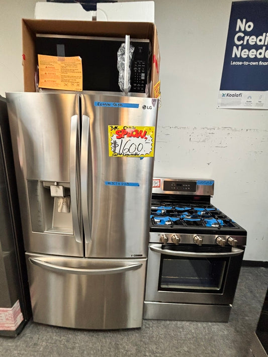 >Special 🎈LG 3pc. Combo Refurbished 22cu.ft -LG counter depth french door refrigerator w/ice water dispenser 36",gas range five burners& new open box over the range microwave all same brand used-refurbished  #RTA24BCOMBO