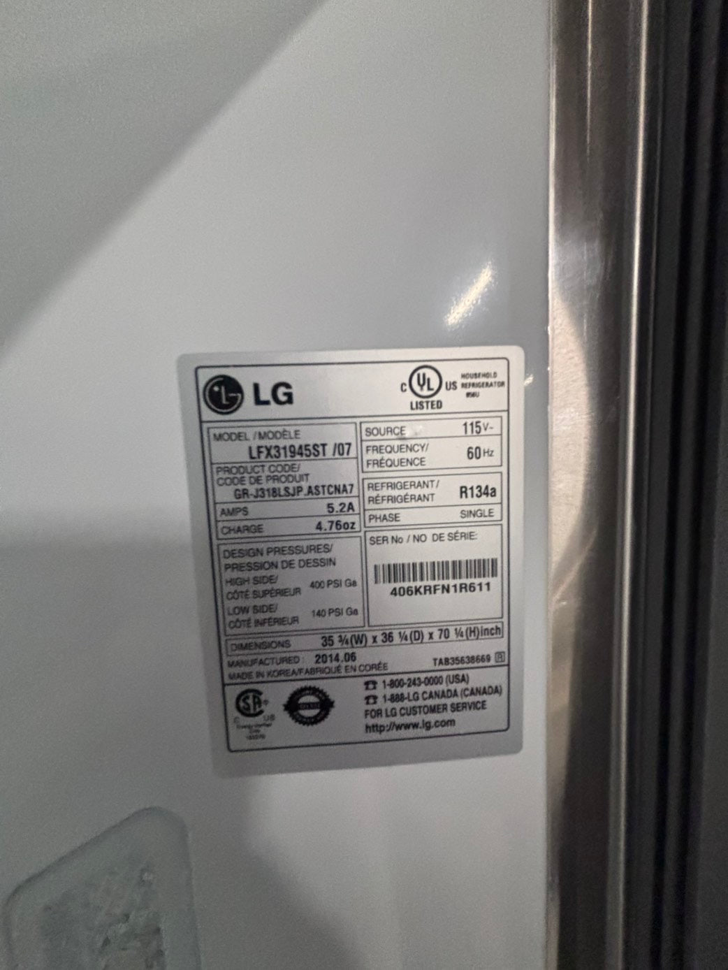 >>Used great condition used-Refurbished LG 36”w x69h x 31” depth refrigerator stainless steel w/ice & water dispenser 36 “ #LGFD31CU3B